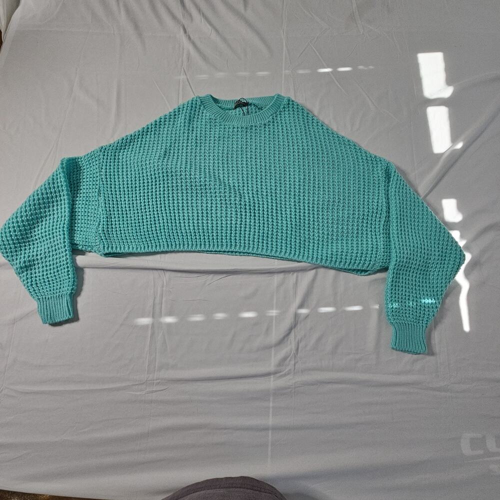 Nasty Gal Collection Women's L Turquoise Cropped Open Knit Sweater Made UK